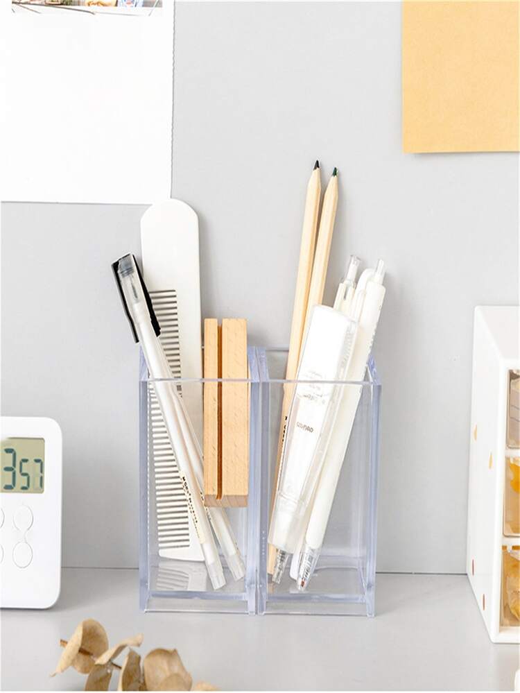 1pc Acrylic Transparent Pen Holder, Desk Stationery Organizer Case For Desktop Storage - Clear - View 9