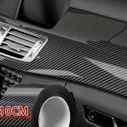 1张黑色碳纤维纹理贴膜，尺寸10厘米 x 150厘米 - 6D亮面通用汽车造型膜，高柔韧性 | 汽车配件、汽车外观造型、汽车贴膜、碳纤维DIY、车辆改装、汽车自粘膜