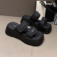 女士們休閒坡跟涼鞋帶防水台高跟鞋適合夏天穿戴 - 黑色 - 查看 3