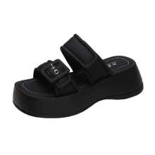 女士們休閒坡跟涼鞋帶防水台高跟鞋適合夏天穿戴 - 黑色 - 查看 1