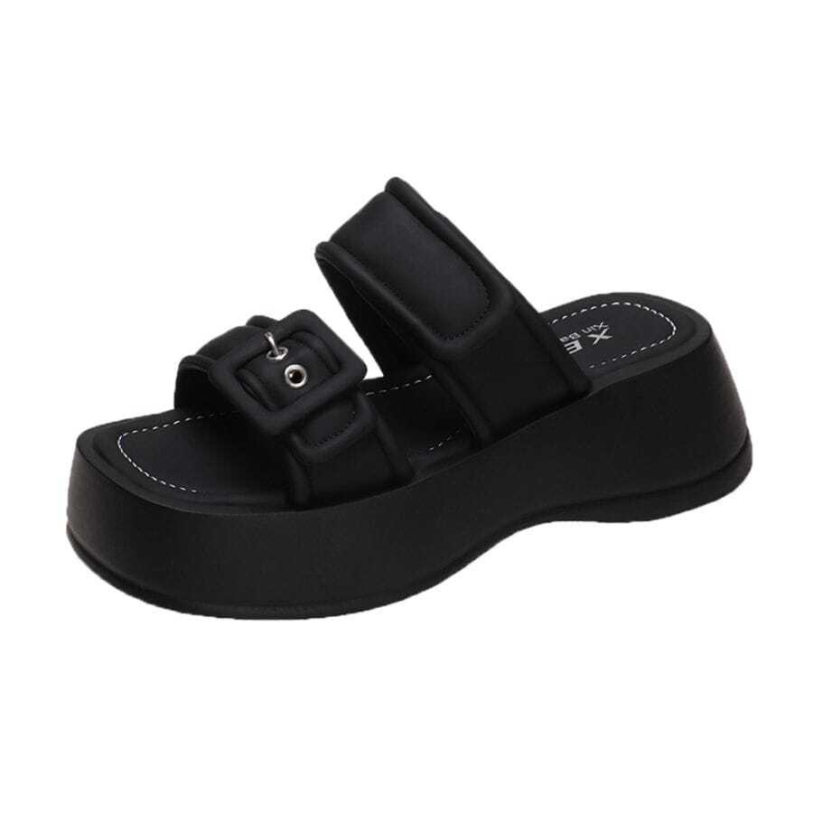 女士們休閒坡跟涼鞋帶防水台高跟鞋適合夏天穿戴 - 黑色 - 查看 1