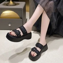 女士們休閒坡跟涼鞋帶防水台高跟鞋適合夏天穿戴 - 黑色 - 查看 6