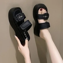 女士們休閒坡跟涼鞋帶防水台高跟鞋適合夏天穿戴 - 黑色 - 查看 4