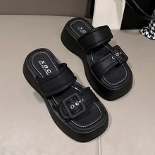 女士們休閒坡跟涼鞋帶防水台高跟鞋適合夏天穿戴 - 黑色 - 查看 2