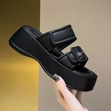 女士們休閒坡跟涼鞋帶防水台高跟鞋適合夏天穿戴 - 黑色 - 查看 9