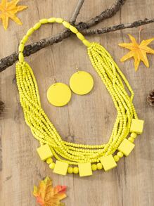 3入組/套復古木頭立方體多層項鍊和耳環首飾套裝 - 黃色 - 查看 1