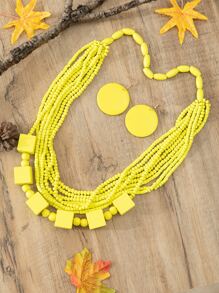 3入組/套復古木頭立方體多層項鍊和耳環首飾套裝 - 黃色 - 查看 2