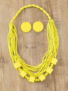 3入組/套復古木頭立方體多層項鍊和耳環首飾套裝 - 黃色 - 查看 3