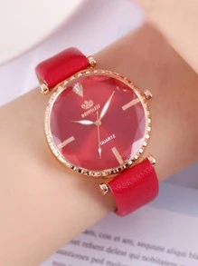 圓形指針石英手錶 - 紅色 - 查看 1