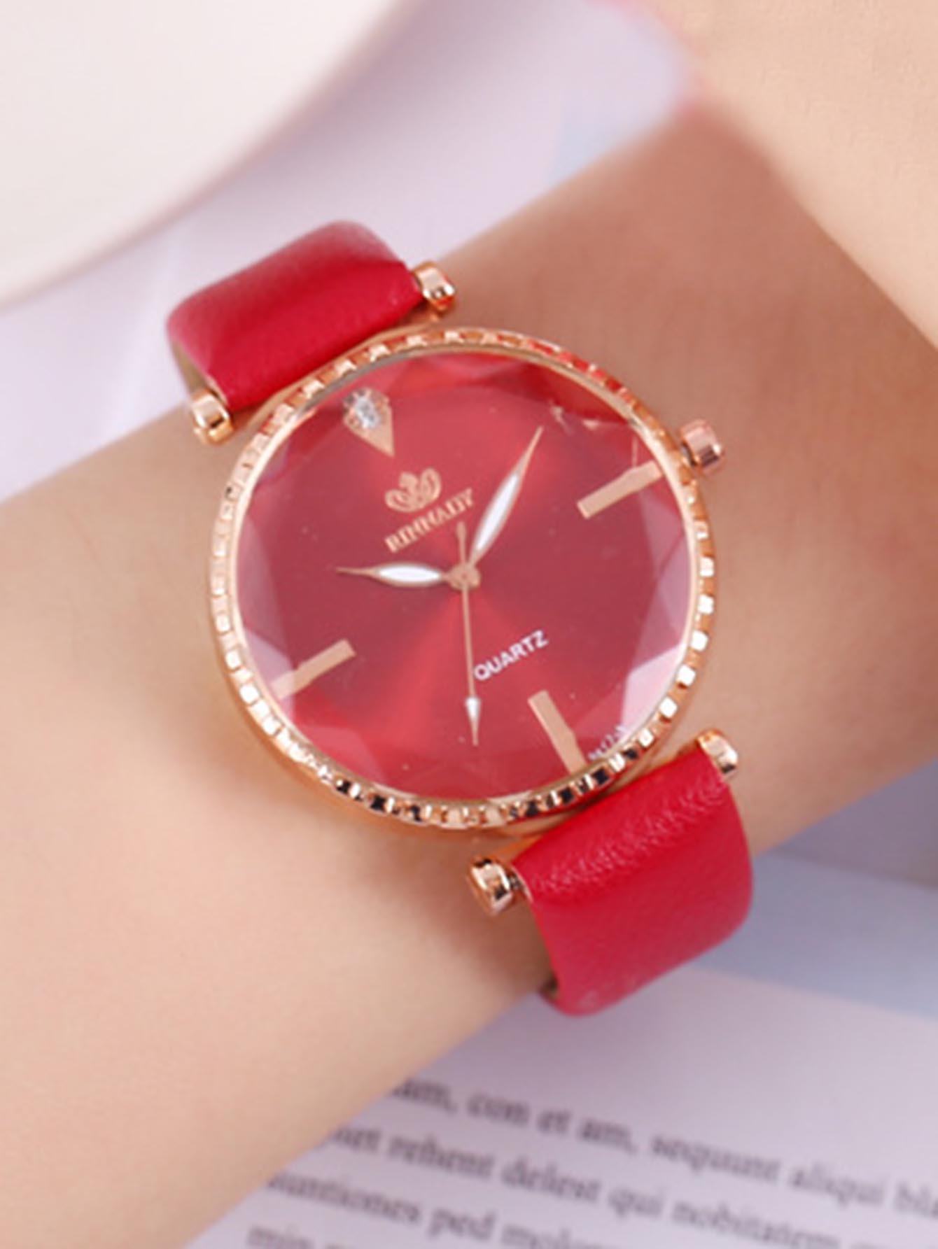 圓形指針石英手錶 - 紅色 - 查看 1