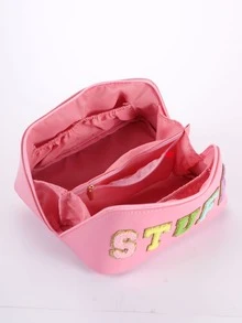 字母刺繡裝飾大容量旅行化妝包,方便收納郵輪必備 - 粉色 - 查看 4