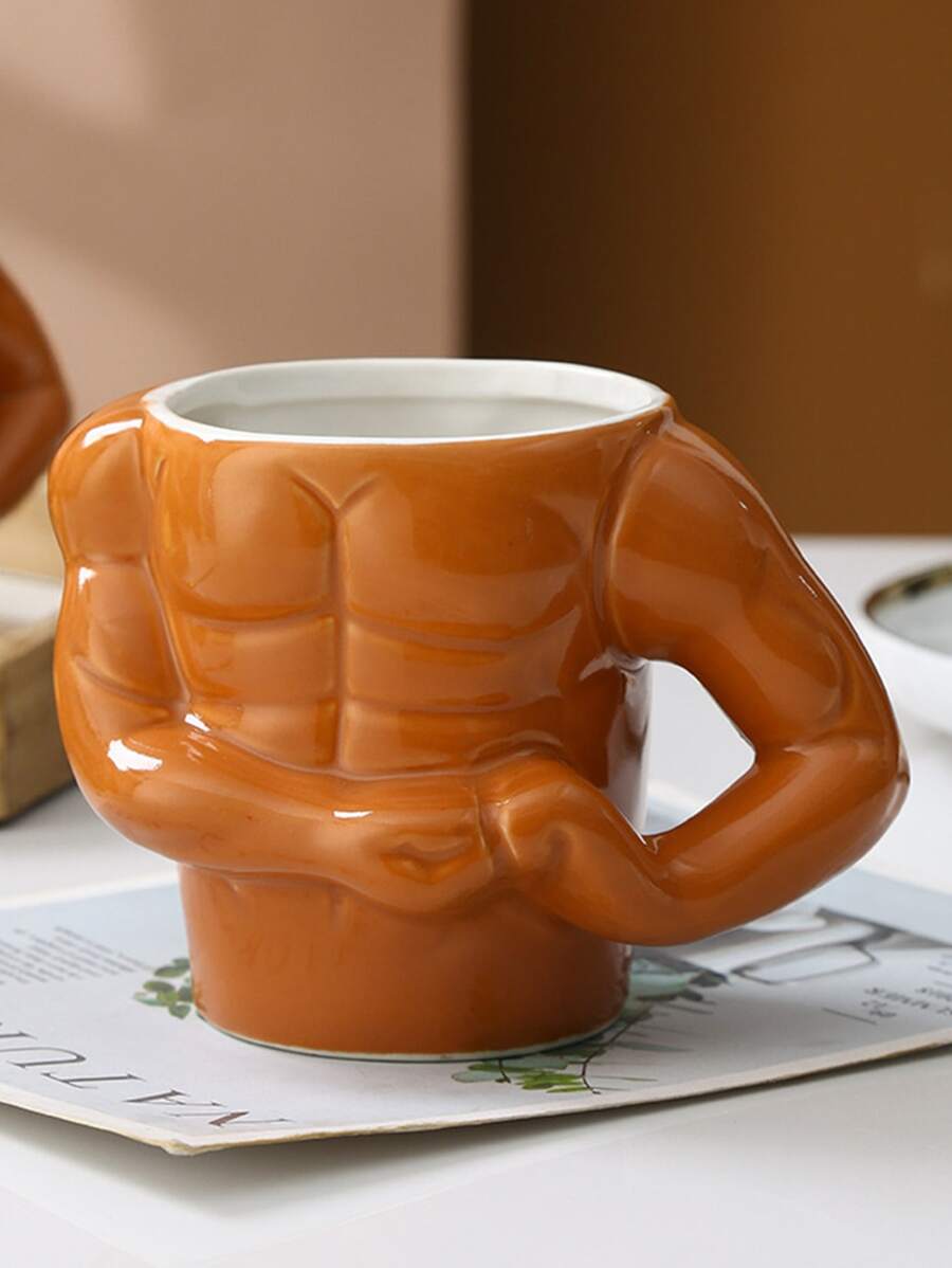 1pc Novelty Ceramic Mug With Muscle Man Shaped Handle, For Home Coffee And Milk Drinking - Orange - View 1