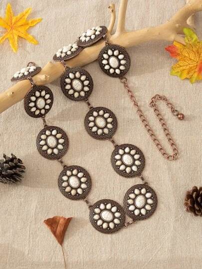 1 pieza Cadena para cintura de mujeres vintage de moda antiguo bronce blanco con turquesa