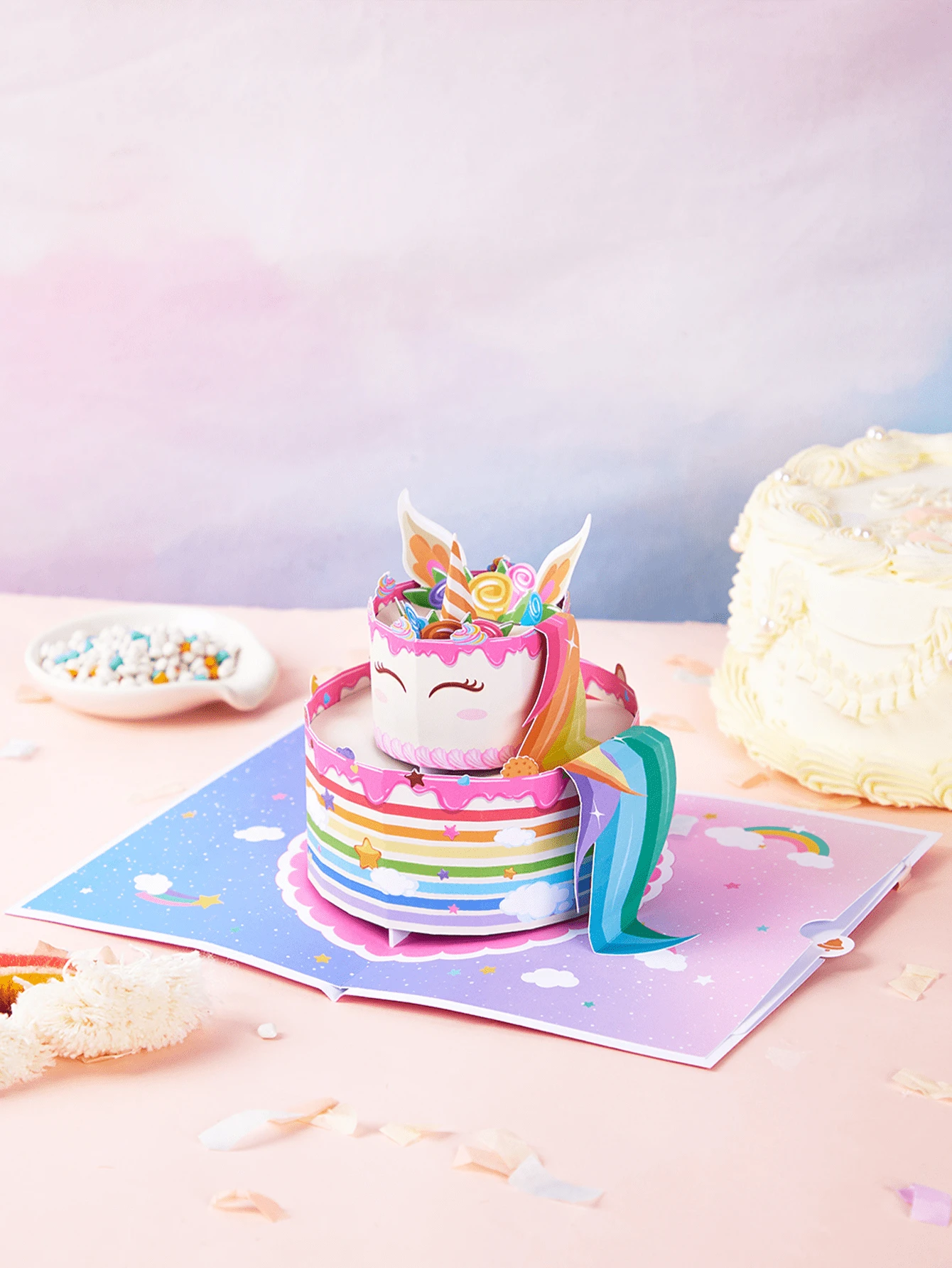 1入組獨角獸生日蛋糕立體卡，獨角獸賀卡，感謝卡，生日禮物朋友，多彩生日蛋糕卡 - 彩色 - 查看 1