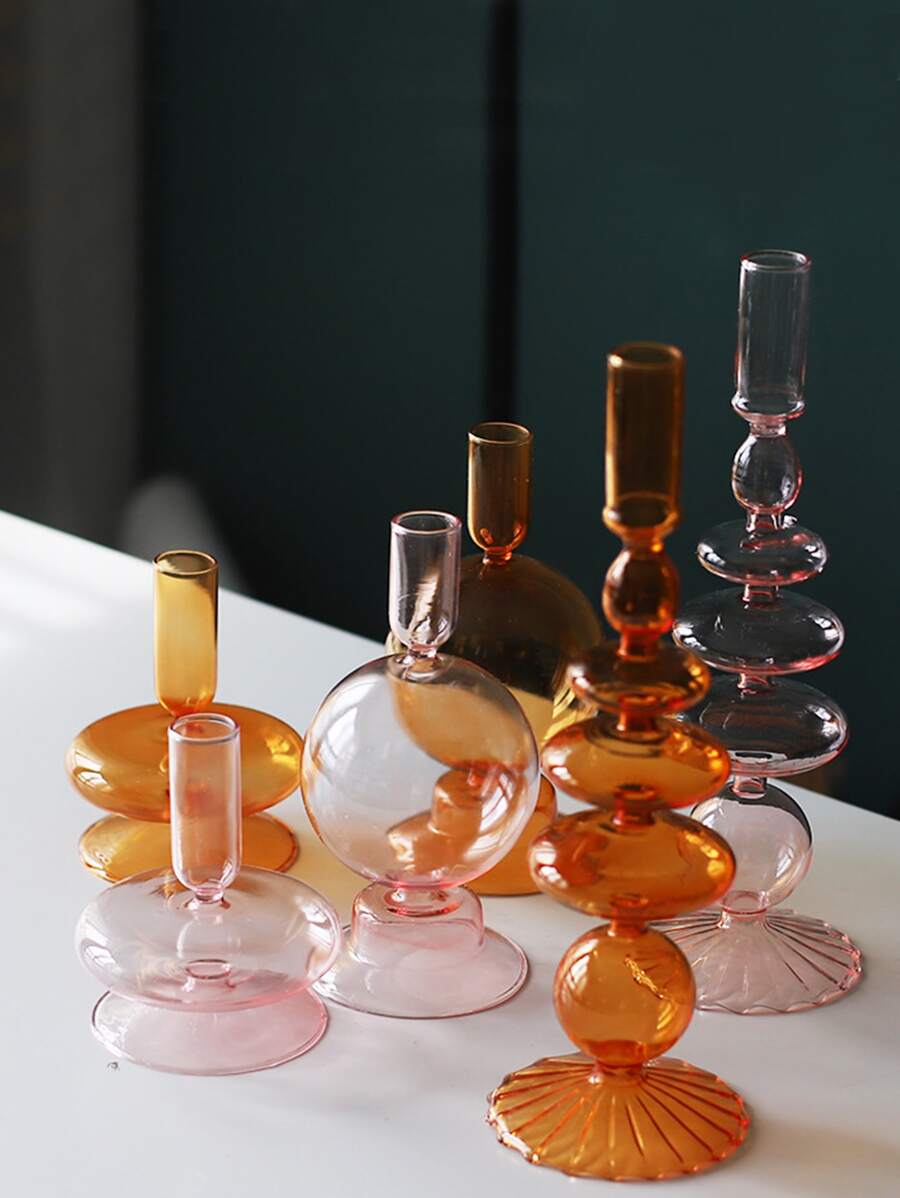 1pc Creative Simple Glass Candle Holder & Flower Vase, Ins Popular Artistic Living Room/restaurant/hotel Table Decoration - Clear - View 1