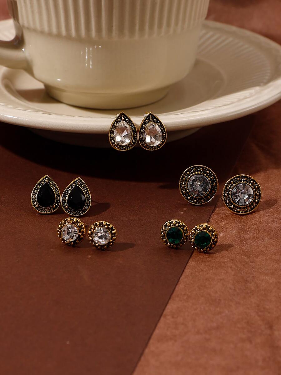 5 Pairs Vintage Bohemian Style Teardrop Rhinestone Crystal Stud Earrings For Women, Daily Use & Gift - Multicolor - View 1