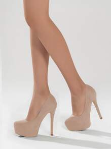 女士高跟鞋，休闲绒面革一脚蹬坡跟浅口鞋，简约设计，防水厚底，适合婚礼、伴娘派对 - 杏色 - 查看 5