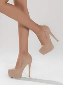 女士高跟鞋，休闲绒面革一脚蹬坡跟浅口鞋，简约设计，防水厚底，适合婚礼、伴娘派对 - 杏色 - 查看 4