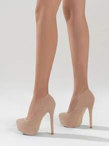 女士高跟鞋，休闲绒面革一脚蹬坡跟浅口鞋，简约设计，防水厚底，适合婚礼、伴娘派对 - 杏色 - 查看 3