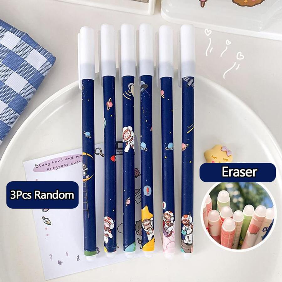 3pcs Cartoon Black Erasable Gel Pen, 0.5mm Creative Writing Pen, Stress Relief - Purple - View 1