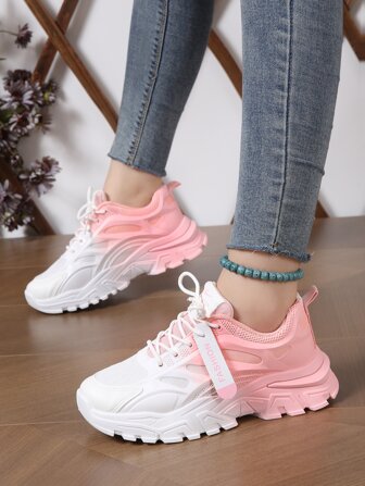 Women's Chunky Sneakers, New Spring/Autumn Casual Lace-Up Gradient Pink Thick Sole Breathable Increased Height Shoes, Suitable For All Seasons