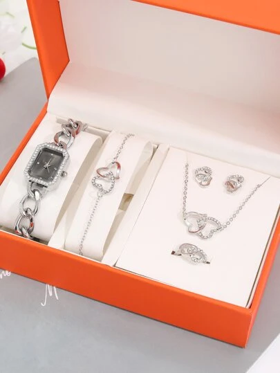 1入組女士銀鏈條設計鋅合金帶時尚水鑽裝飾幾何錶盤石英表和5入組首飾套裝,適用於日常生活