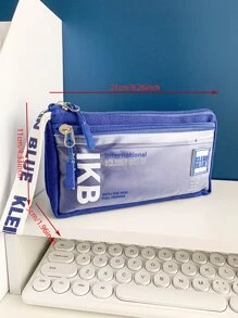 MOKA 簡約透明筆袋Ins風格藍色帶英文字母素色大容量中性鉛筆盒每包一個 - 藍色 - 查看 4