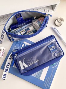 MOKA 簡約透明筆袋Ins風格藍色帶英文字母素色大容量中性鉛筆盒每包一個 - 藍色 - 查看 5