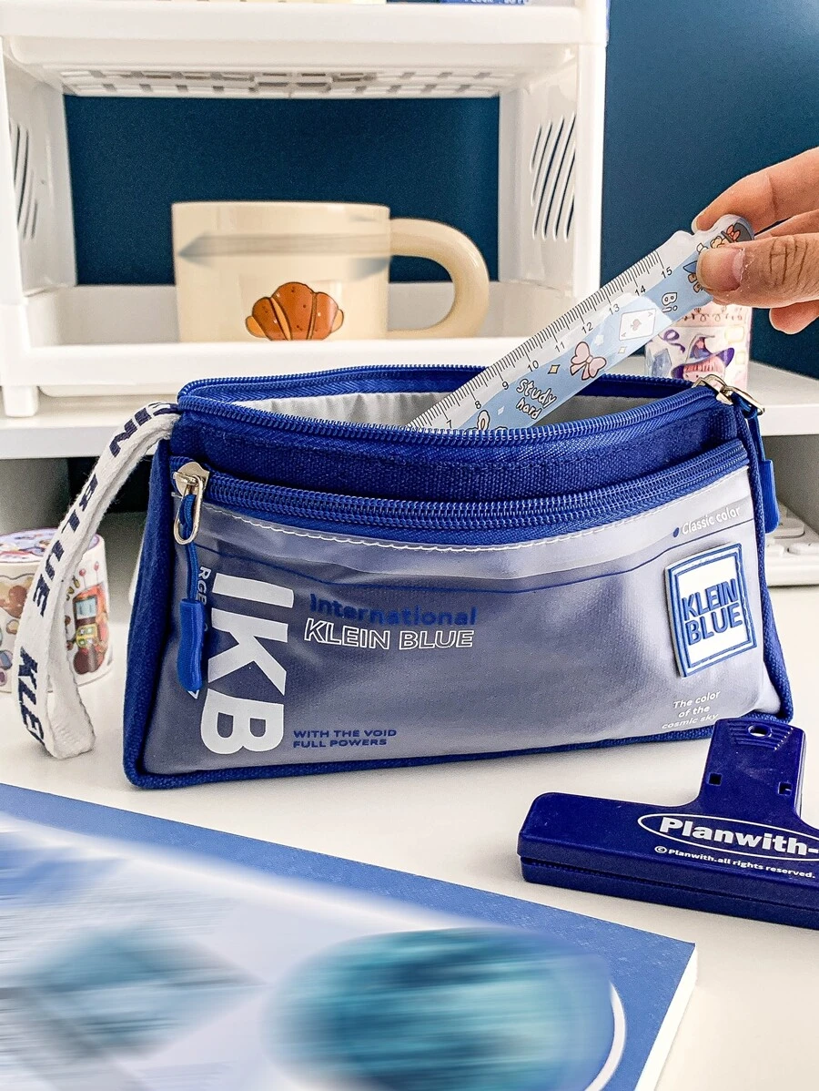 MOKA 簡約透明筆袋Ins風格藍色帶英文字母素色大容量中性鉛筆盒每包一個 - 藍色 - 查看 1