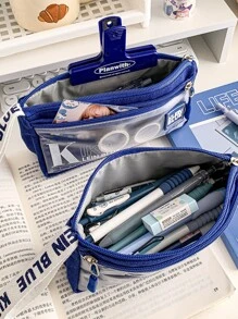 MOKA 簡約透明筆袋Ins風格藍色帶英文字母素色大容量中性鉛筆盒每包一個 - 藍色 - 查看 7