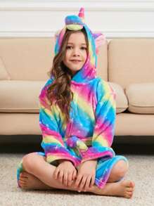 Young Girl Star Print 3D Ear Design Hooded Belted Flannel Robe - Multicolor - View 3
