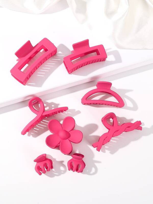 8pcs Fuchsia Y2K Style Solid Color Floral Hair Claw Clips, Suitable For Valentine's Day, Everyday Wear
