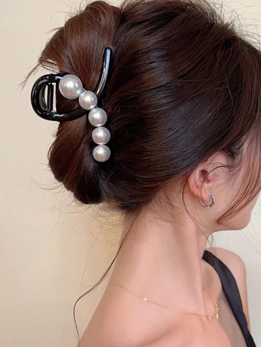 豪華珍珠髮夾,多用途不對稱頭髮配飾 - 黑色 - 查看 1