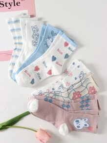 Syviss 8雙女士原始卡通樂趣和可愛夏季透氣舒服百搭韓語風格中筒襪 - 彩色 - 查看 1