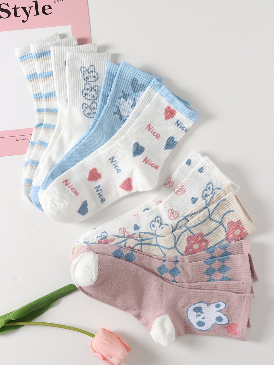 Syviss 8雙女士原始卡通樂趣和可愛夏季透氣舒服百搭韓語風格中筒襪 - 彩色 - 查看 1