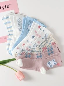 Syviss 8雙女士原始卡通樂趣和可愛夏季透氣舒服百搭韓語風格中筒襪 - 彩色 - 查看 4