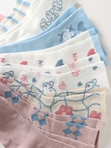 Syviss 8雙女士原始卡通樂趣和可愛夏季透氣舒服百搭韓語風格中筒襪 - 彩色 - 查看 5