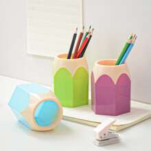 1pc Creative Cute Pencil Head Contrast Color Pen Holder, Office Desktop Organizer Plastic Pen Container With Large Capacity - Purple - View 5