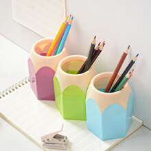 1pc Creative Cute Pencil Head Contrast Color Pen Holder, Office Desktop Organizer Plastic Pen Container With Large Capacity - Purple - View 4