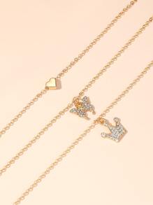 1入組時尚和多用途愛心形狀蝴蝶皇冠吊飾多多層項鍊適合女士和女孩特別日期節日禮物 - 金黃色 - 查看 2