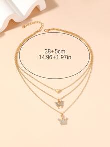 1入組時尚和多用途愛心形狀蝴蝶皇冠吊飾多多層項鍊適合女士和女孩特別日期節日禮物 - 金黃色 - 查看 3