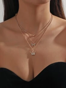 1入組時尚和多用途愛心形狀蝴蝶皇冠吊飾多多層項鍊適合女士和女孩特別日期節日禮物 - 金黃色 - 查看 1