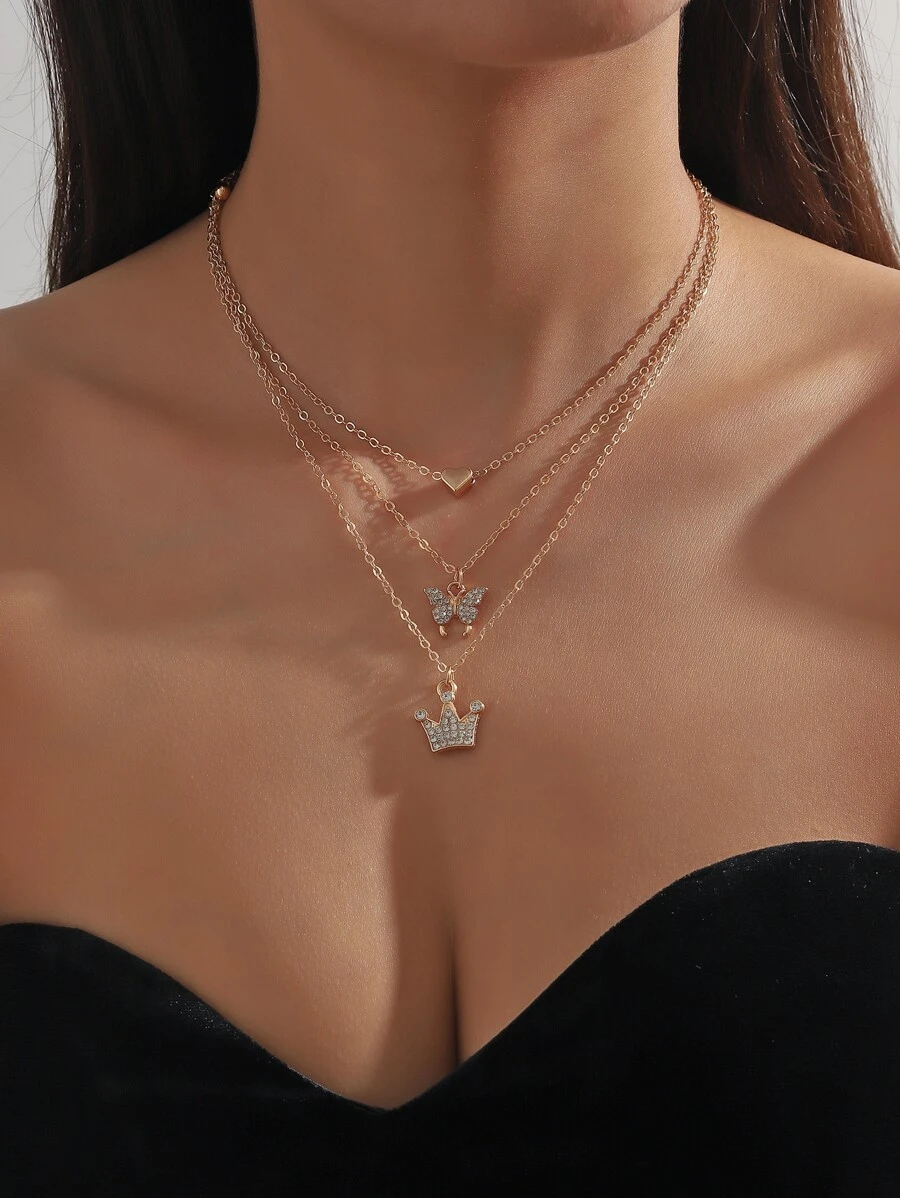 1入組時尚和多用途愛心形狀蝴蝶皇冠吊飾多多層項鍊適合女士和女孩特別日期節日禮物 - 金黃色 - 查看 1