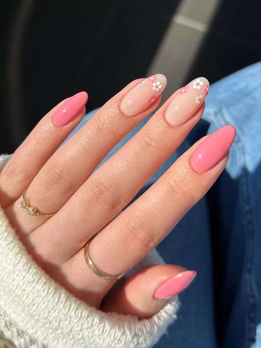 24pcs Long Coffin Shape False Nails Set With Jelly Gel And A Mini Nail File, Pink Nails With White Flower Design - Multicolor - View 1