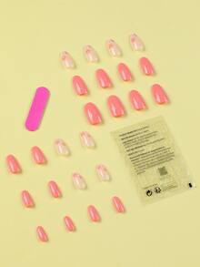 24pcs Long Coffin Shape False Nails Set With Jelly Gel And A Mini Nail File, Pink Nails With White Flower Design - Multicolor - View 2