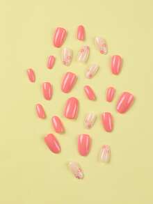 24pcs Long Coffin Shape False Nails Set With Jelly Gel And A Mini Nail File, Pink Nails With White Flower Design - Multicolor - View 4