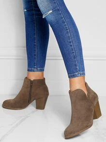 Elegant Black Booties For Women, Faux Suede Zipper Side Chunky Heeled Boots - Brown - View 1