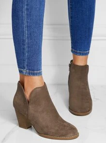 Elegant Black Booties For Women, Faux Suede Zipper Side Chunky Heeled Boots - Brown - View 2