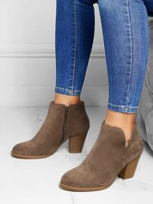 Elegant Black Booties For Women, Faux Suede Zipper Side Chunky Heeled Boots - Brown - View 3