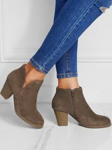 Elegant Black Booties For Women, Faux Suede Zipper Side Chunky Heeled Boots - Brown - View 5